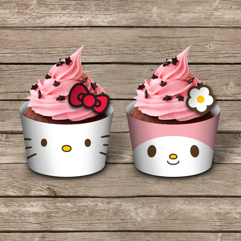 Printable cupcake wrapper INSTANT DOWNLOAD - Hello Kitty and My Melody birthday party collection