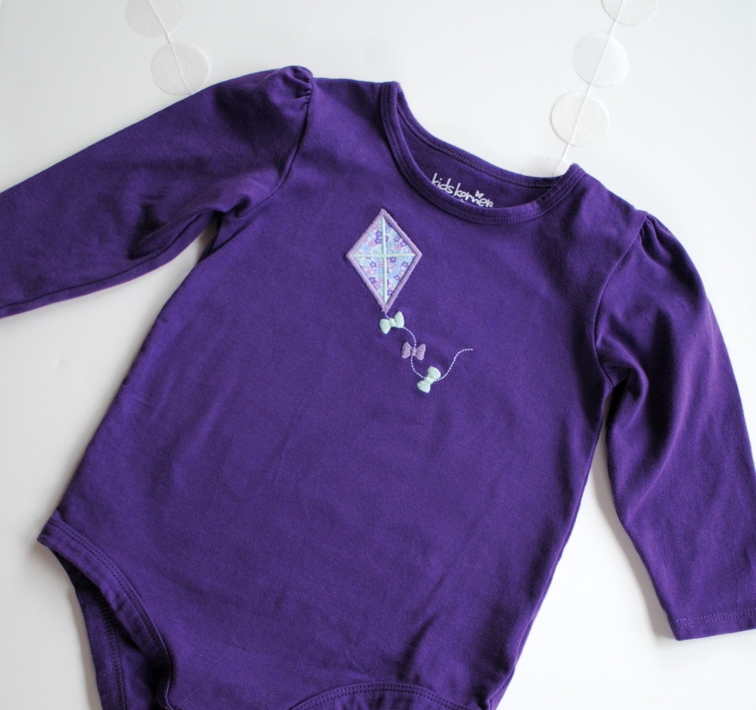 SALE CLEARANCE Kite Onesie Appliqué Bodysuit, Baby Girl, Machine Embroidery, Long Sleeve, Spring Purple Bows 12 18 Months