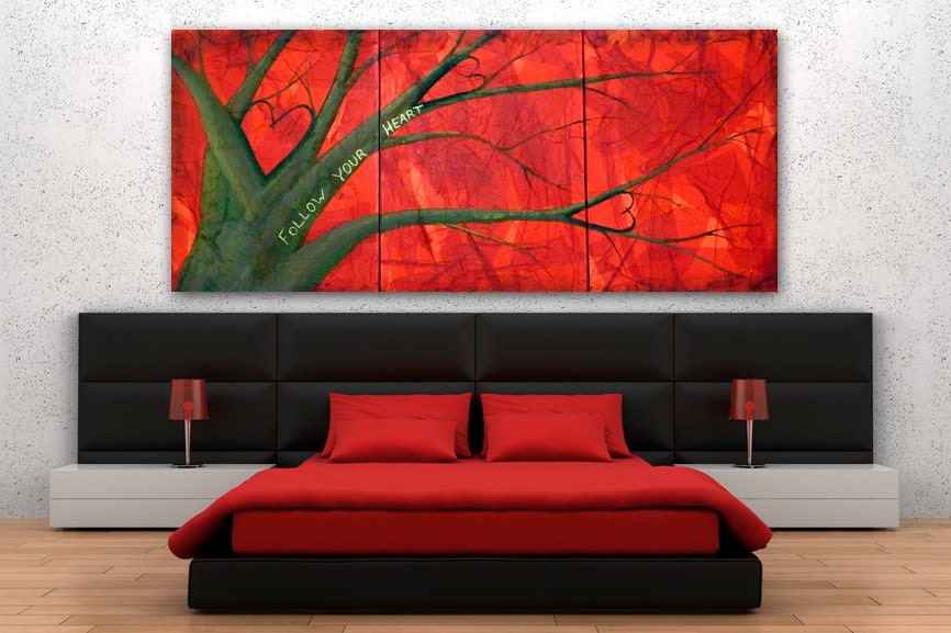 Heart Tree Of Life Wall Art - Large Tree Contemporary Triptych Oak Painting On Canvas - Bedroom Art