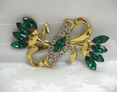 Large Sterling Silver Emerald & Clear Rhinestone Brooch, 1930s 40s Vintage Flower Pin, Vermeil Gold Over Sterling