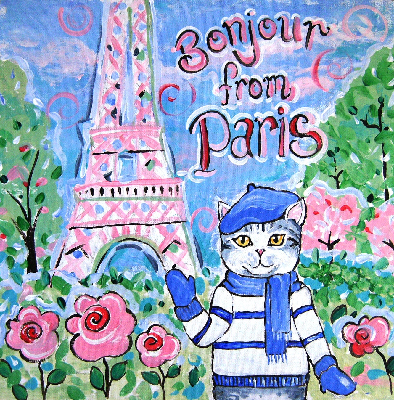 Bonjour from Paris - An Original Acrylic Painting 12" x 12" - Charming Wall Decor with a French Theme by Lizabeth Souness