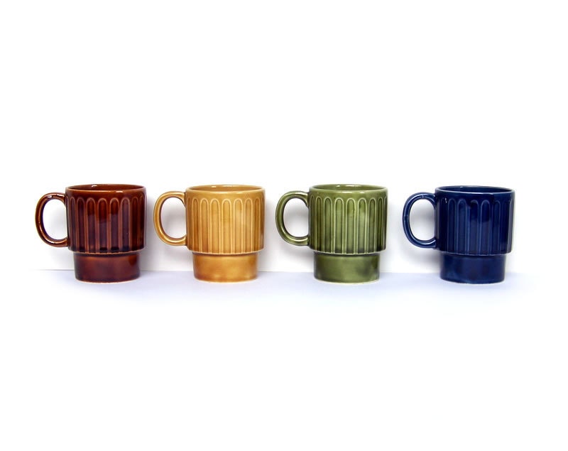 Vintage Coffee Cups Set Collection of Four Ceramic Pottery Mugs Earthy Glaze Brown Yellow Gold Green Blue Retro Mid Century Kitchen
