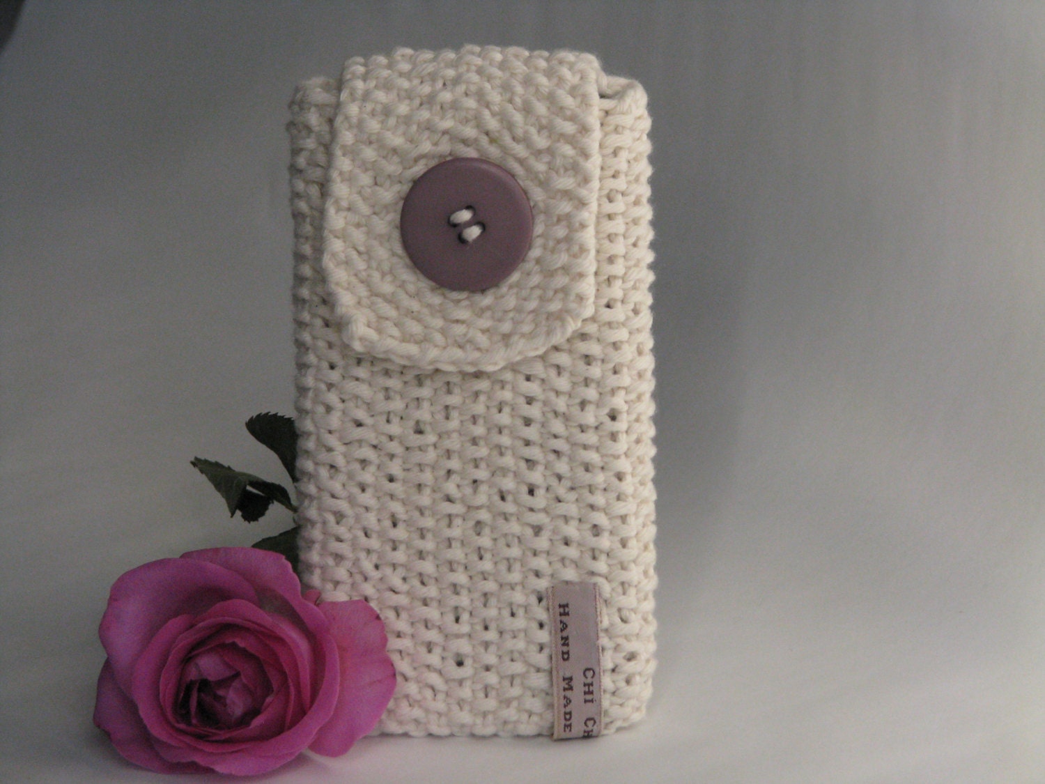 Knitted Cell Phone iPhone Case White Cotton Purple Button