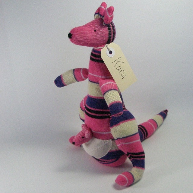 Australian kangaroo with Joey in pouch. Sock animal, sock kangaroo, sock monkey, soft plush toy kangaroo for children.
