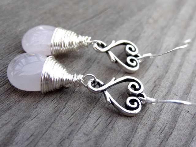 Sterling Silver Wire Wrapped light pink Rose Quartz heart  love dangle handmade earrings