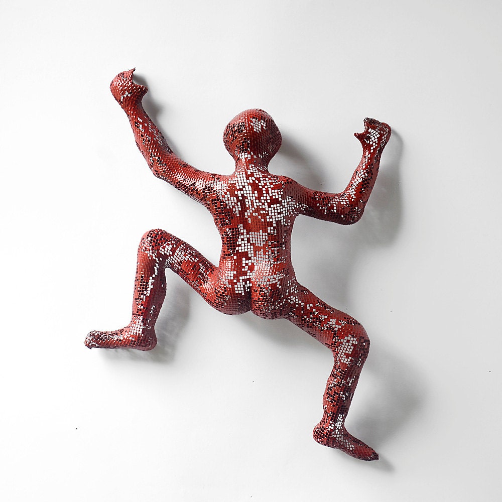 Metal sculpture - Climbing man sculpture - wire mesh sculpture - home decor - metal wall art - wall hanging - red