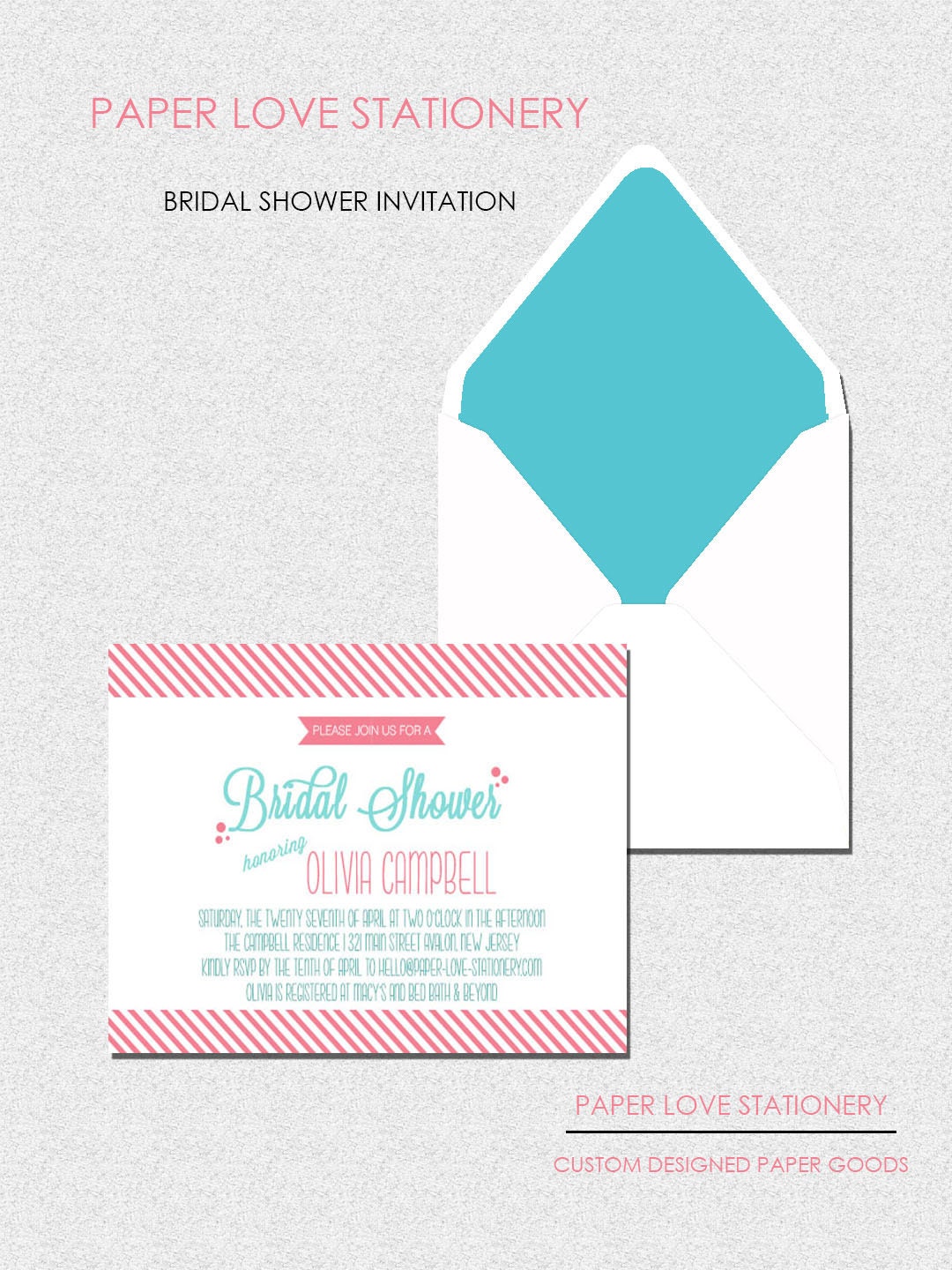 Bridal Shower Invitation: MODERN WHIMSICAL CUSTOM Colors, Includes Envelopes