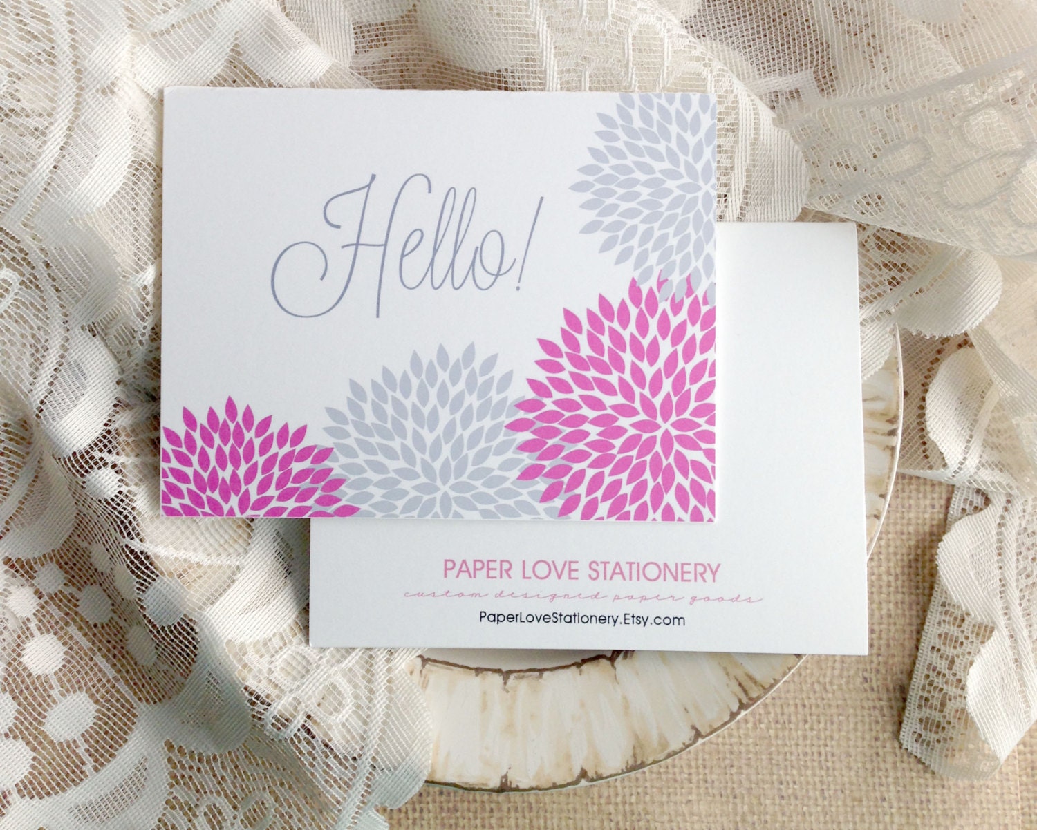 Green/Grey Floral Blank Custom Note Cards or Thank You Cards  5.5 x 4.25