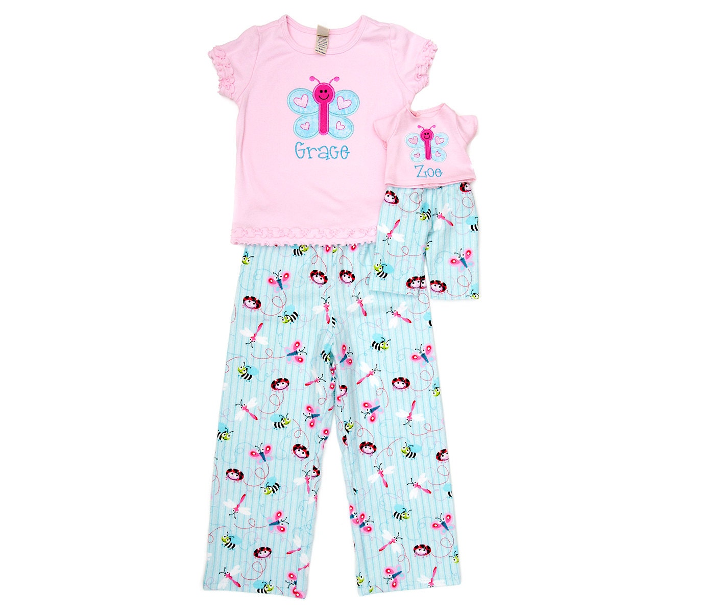 Personalized Girl and Doll Pajamas (Bugs on Blue)- Sizes 6M-6 : For 18" dolls (American Girl) or 15" dolls (Bitty Baby or Bitty Twins)