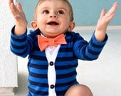 Cardigan and Bow Tie Onesie Set - Trendy Baby Boy - Blue Stripes with Orange Gingham