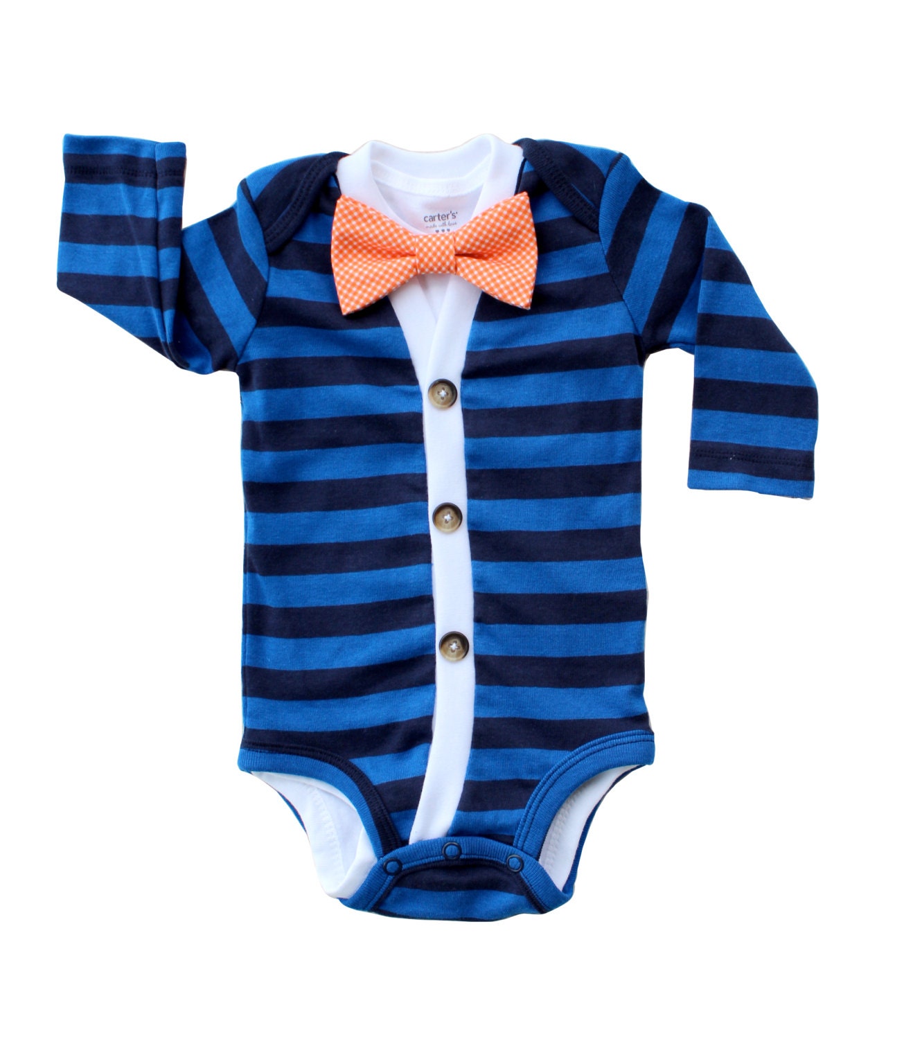 Cardigan and Bow Tie Onesie Set - Trendy Baby Boy - Blue Stripes with Orange Gingham