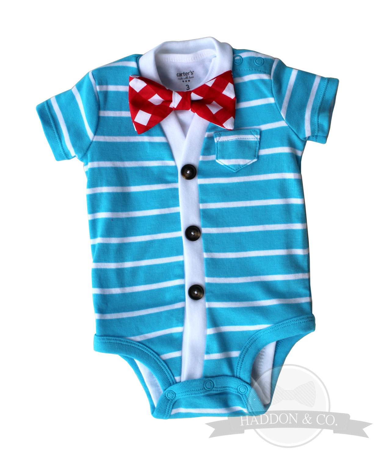 Cardigan and Bow Tie Onesie Set - Light Blue with Red Gingham - Trendy Baby Boy - Perfect for Spring Shower