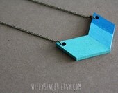 hand painted wooden chevron pendant 18" necklace blue ombre