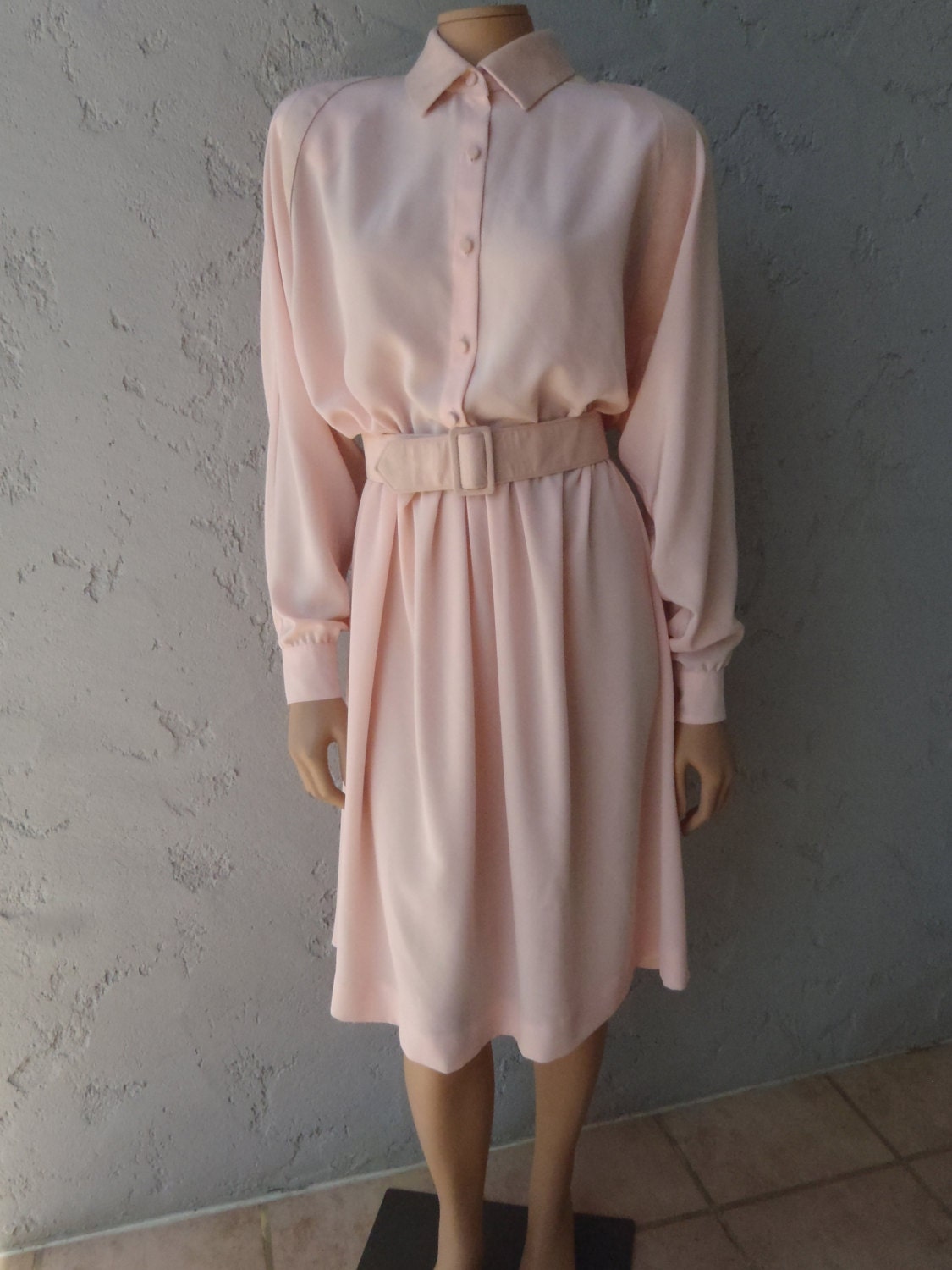 Classic 80s Designer Lilli Ann Soft Pink Belted Shirt Dress with Suede / Vintage Clothing by Feisty Farmers Wife