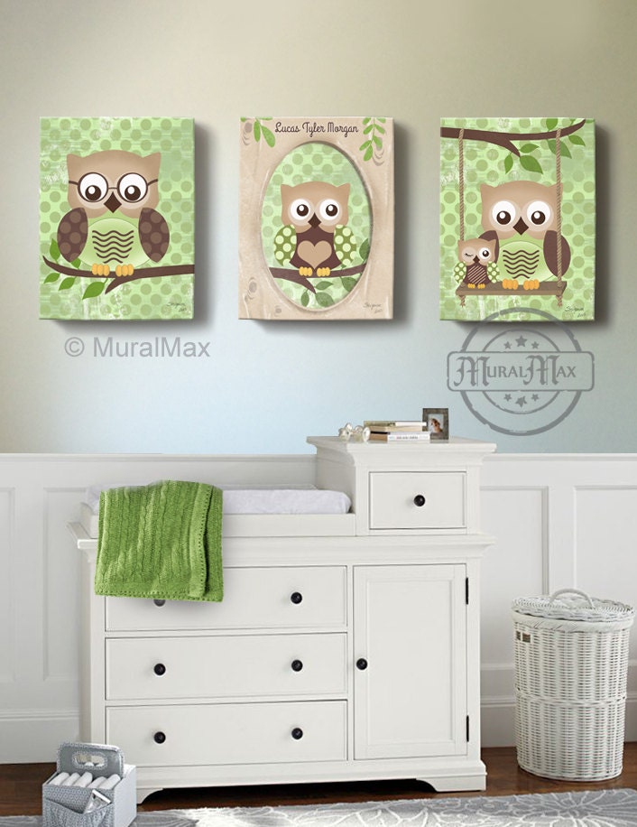 Owl Kids Art, Owl Decor, Art for children Owls, Nursery Art, Set of 3 Nursery Canvas Art , 16x20, Baby Boys Room Art Print