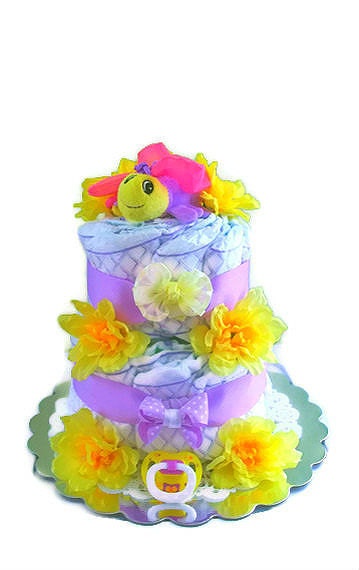 Butterfly Diaper Cake for Girl, Baby Girl Diaper Cake, Purple and Yellow Diaper Cake, Butterfly Baby Shower