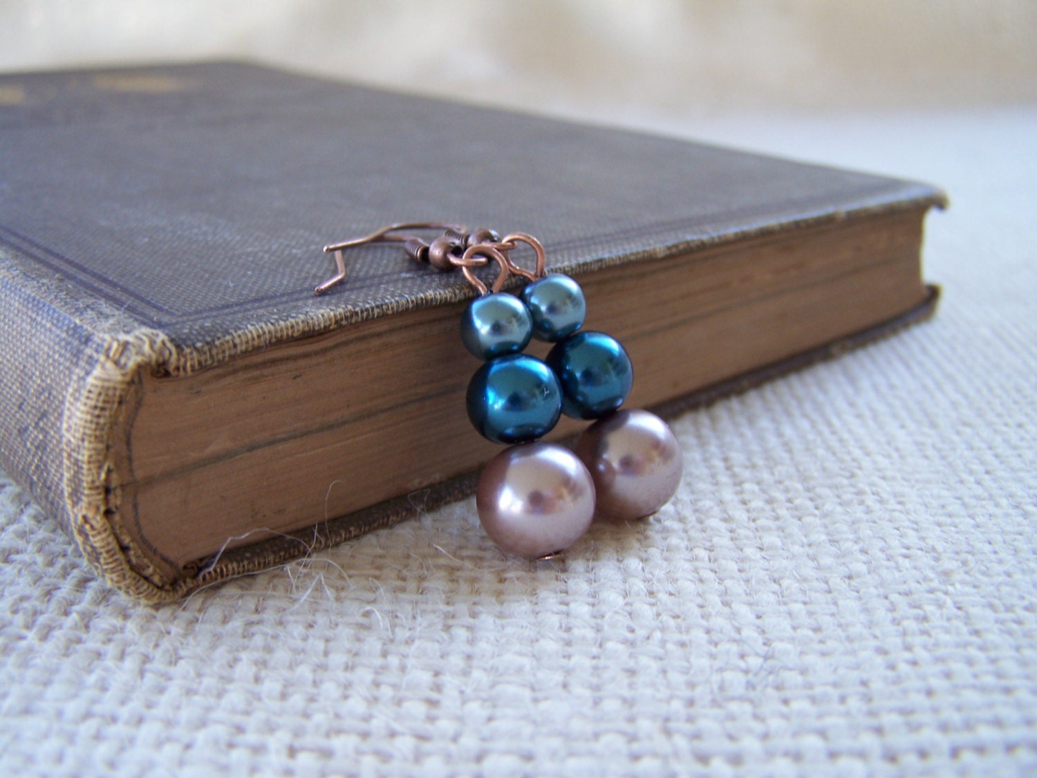 Turquoise Blue and Taupe Faux Pearl Dangling Earrings - Handmade Jewelry - Ready to Ship