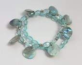 Aqua Blue Beaded Stackable Set of Bracelets with Shell Dangles - Handmade Summer Jewelry - OOAK - Ready to Ship