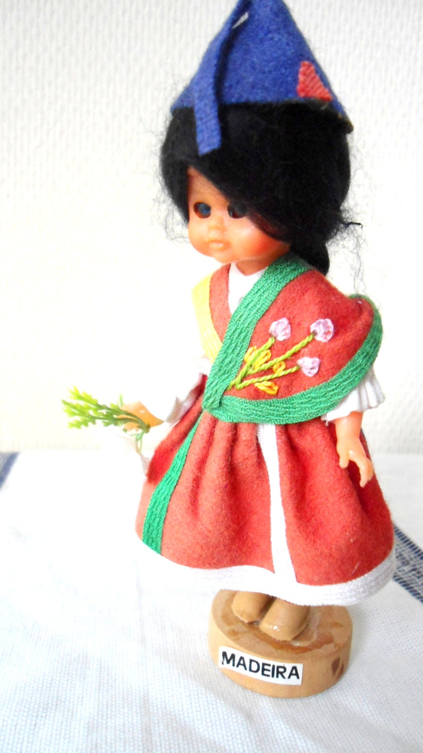 ethnic doll- Madeira souvenir- touristic Portuguese doll- folk art from Portugal- red dress doll- wood base decorative doll- home decor