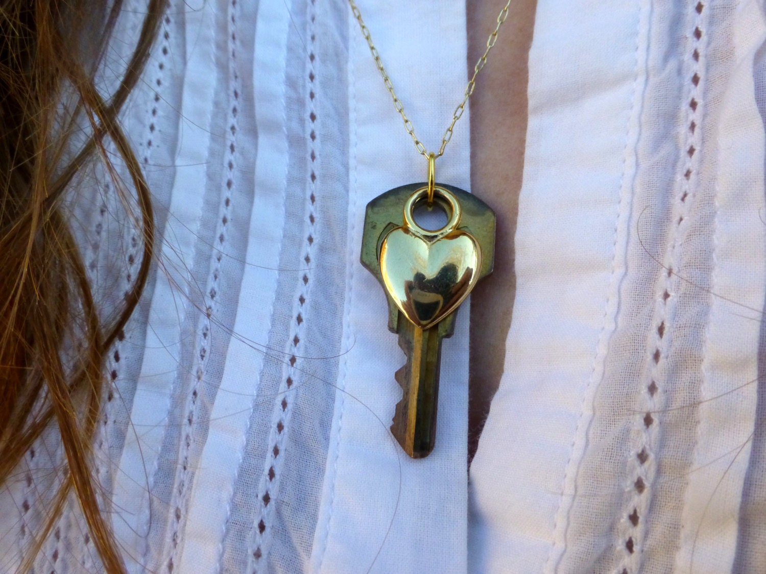 Vintage Gold Key & Tiny Heart - Delicate Dainty Gold Vintage Necklace