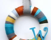 14" Multicolor front door monogram yarn wreath - The Phoebe