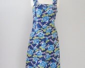 50s Navy Floral Print Sundress w/ Button-on Braces, M // Vintage Day Dress