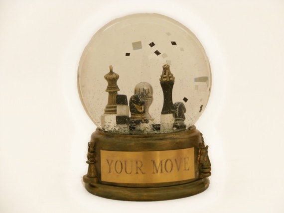Your Move - one of a kind chess game snow globe with shakeable squares in black and white