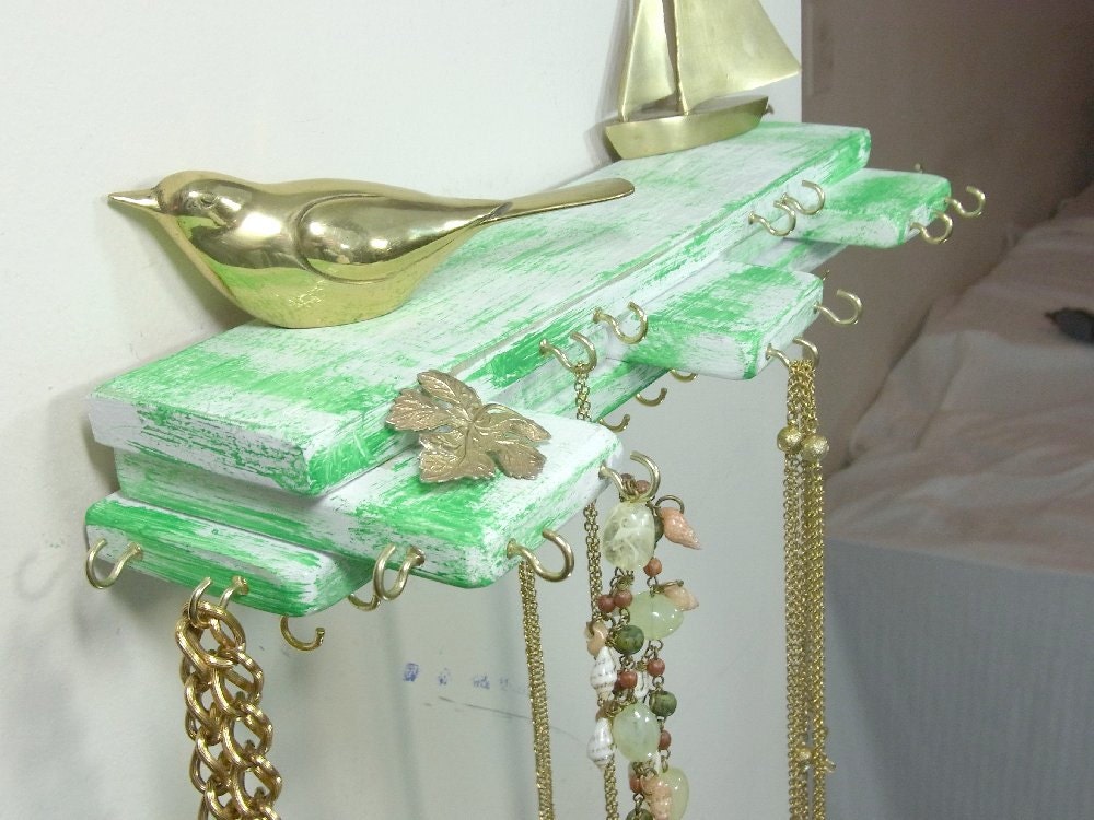 Spring Green Jewelry Hanger Organizer Stacked Wood Distressed