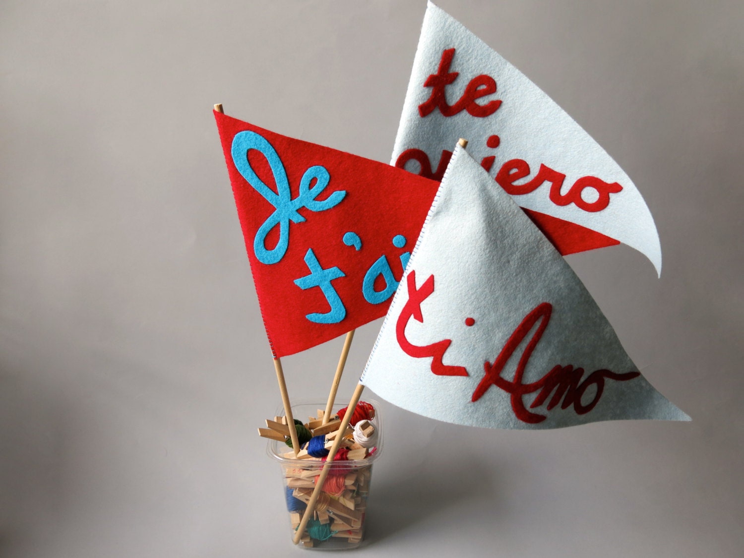 Wedding Photo Booth Flags - Language of Romance Felt pennants - Set of 3 I love you in French, Italian, Spanish