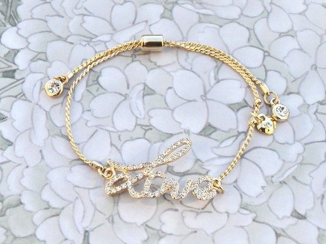 Rhinestone Cursive Love Bracelet Pull String - Gold