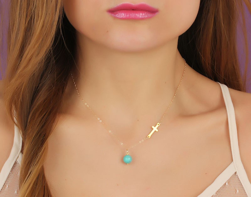 Gold sideways cross necklace, turquoise necklace, assymetrical necklace, turquoise jewelry, silver cross, gold filled pendant, "Gaea"
