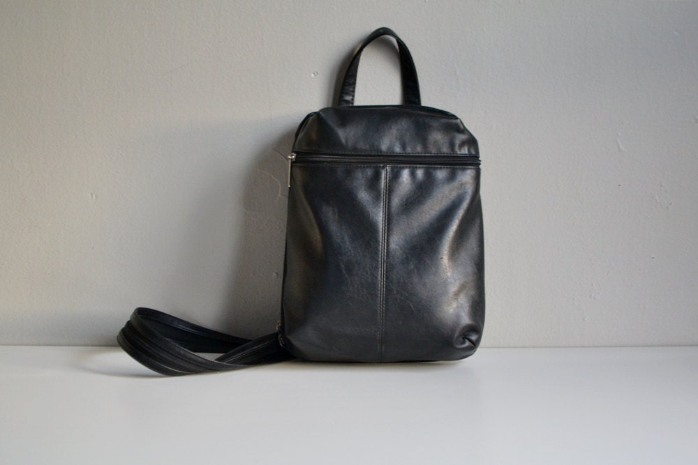 Vtg 90s black leather small back pack // grunge revival convertible over the shoulder mini backpack purse bag