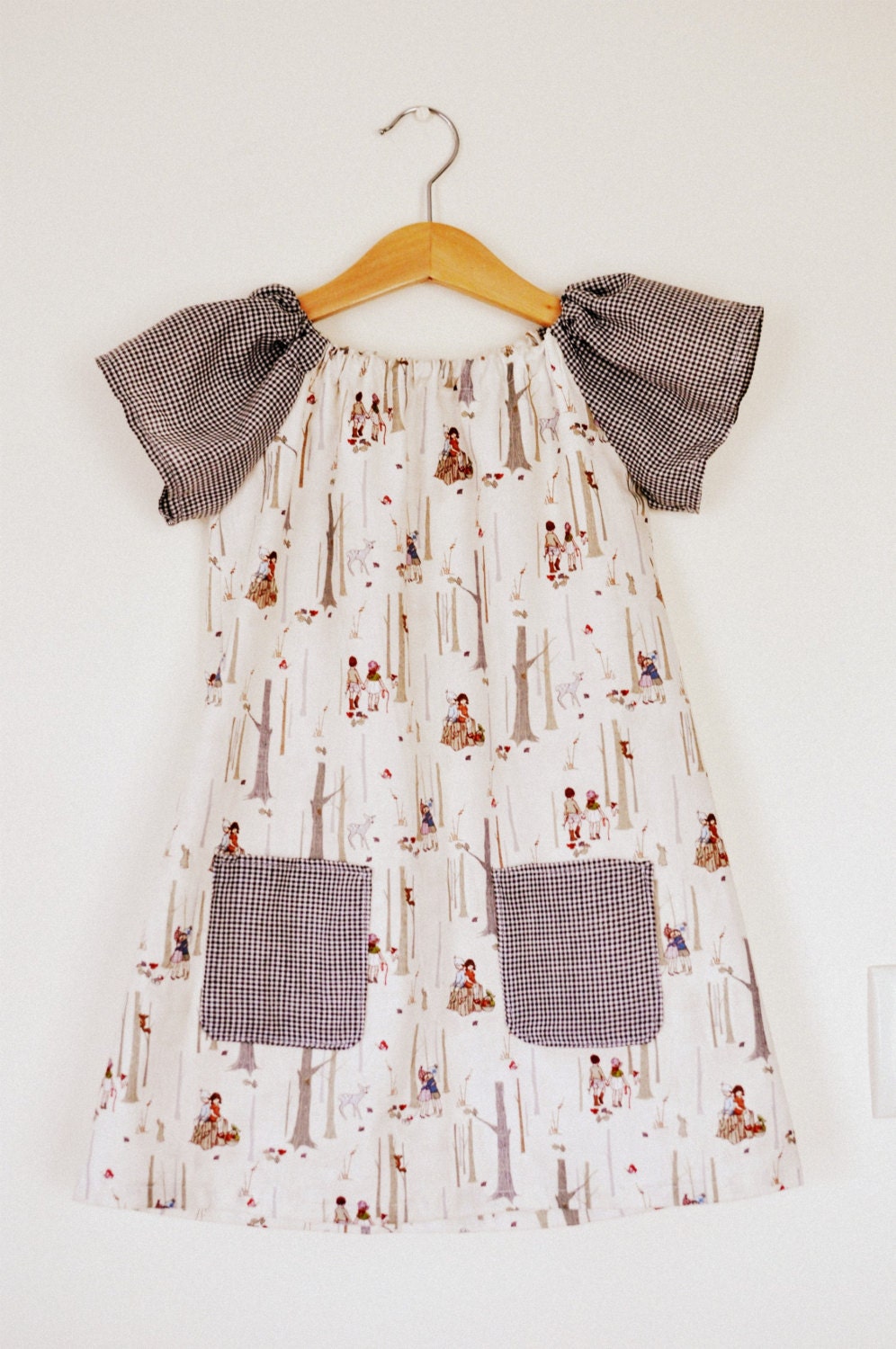 Girls Belle & Boo Woodland Walk and brown gingham classic tunic dress with pockets age 4