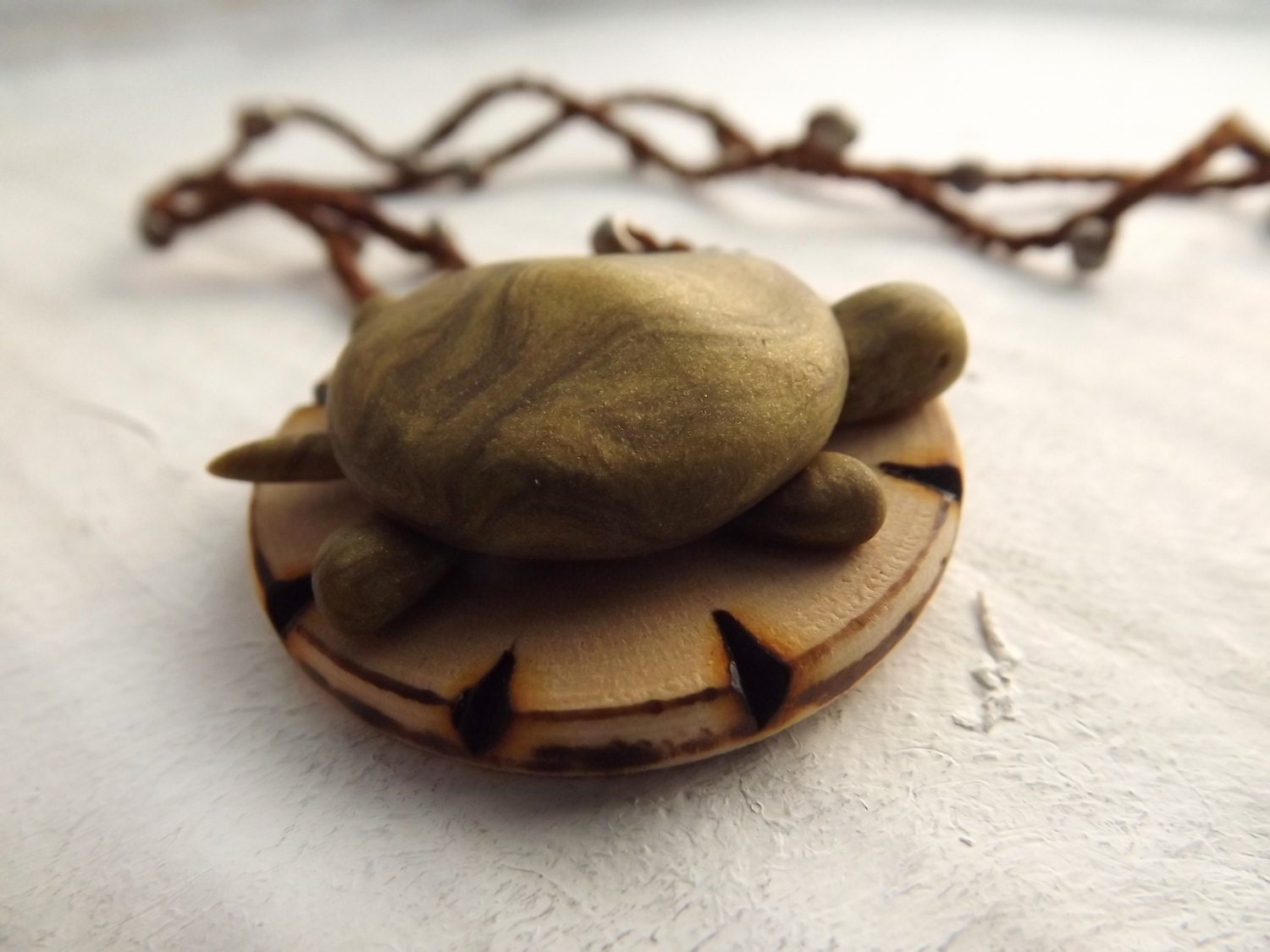 Green Turtle Necklace of Wood and Polymer Clay Long Necklace Unique Turtle Jewelry