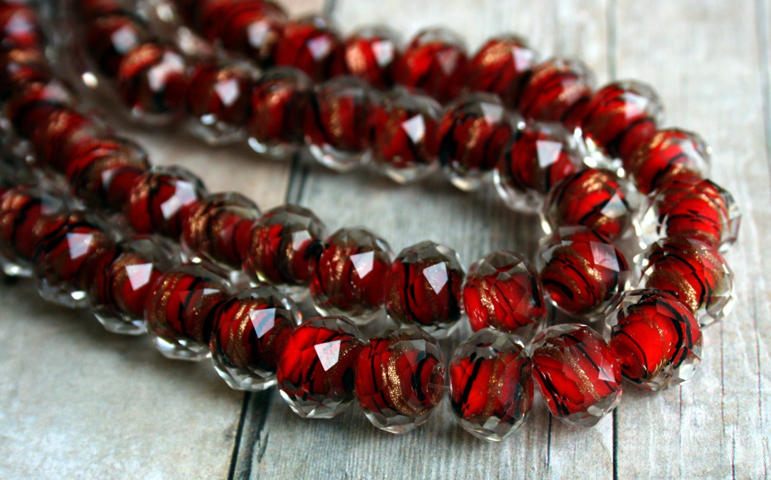 Glass Beads, Bead, Supplies, Czech glass red, black Murano Czech Glass Faceted Art Beads Rondelle oval 15