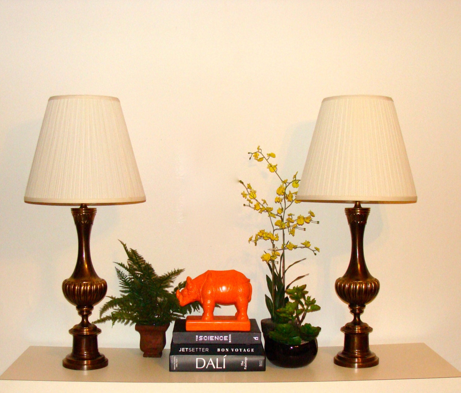LARGE Vintage Pair of  3FT Tall Brass Hollywood Regency Lamps Matching Pair with Shades All Original