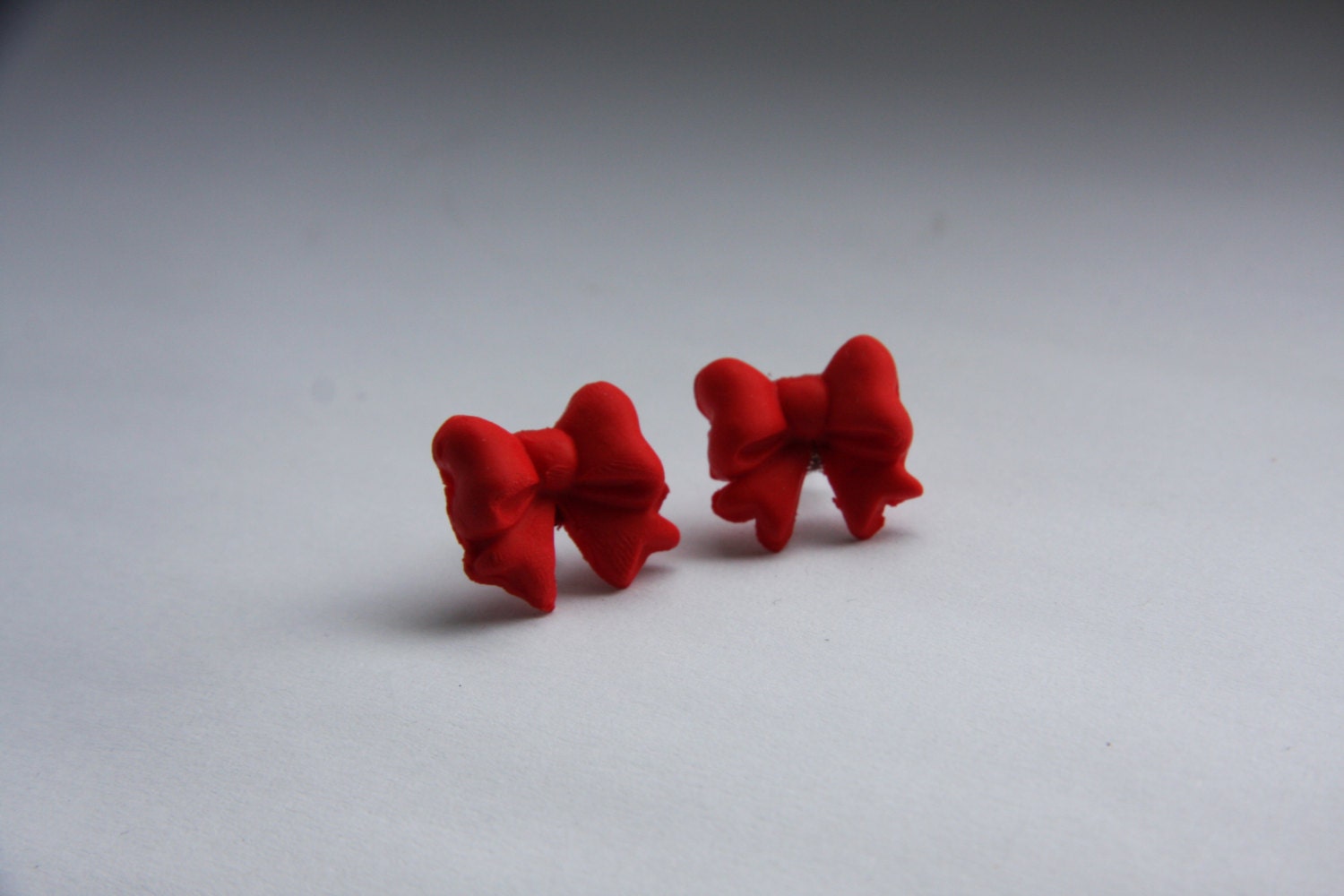 Red Bows on Silver Plated Studs/Posts Earrings. -Polymer Clay,