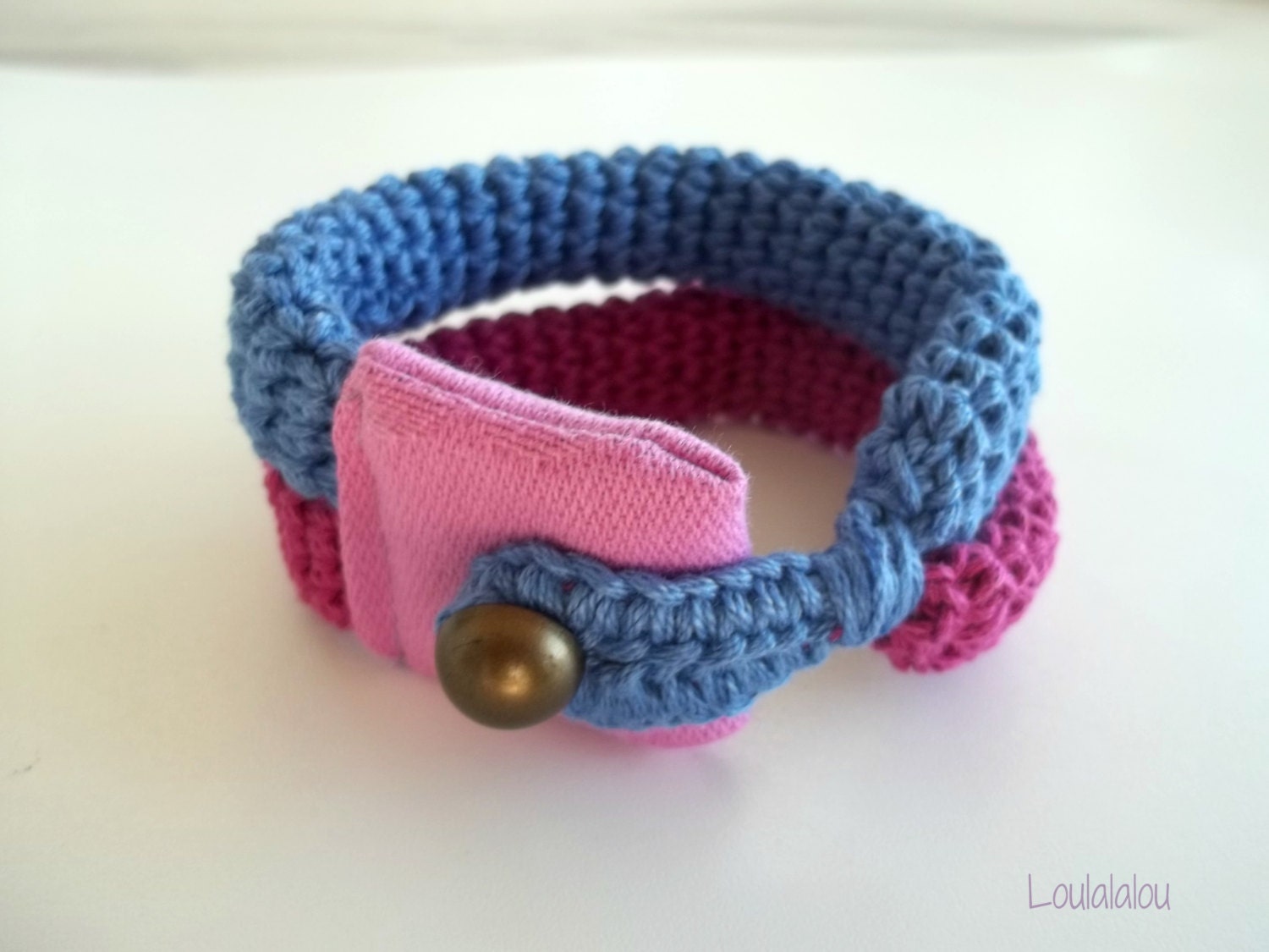 Crochet bracelet - blue and fuchsia jewelry, crochet cuff with fabric and button