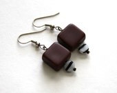 Brown Glass Earrings with Black and White Striped Beads