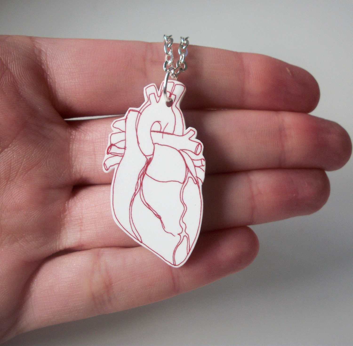 Anatomical heart shrink plastic necklace. love illustrated indie red heart.indie necklace.