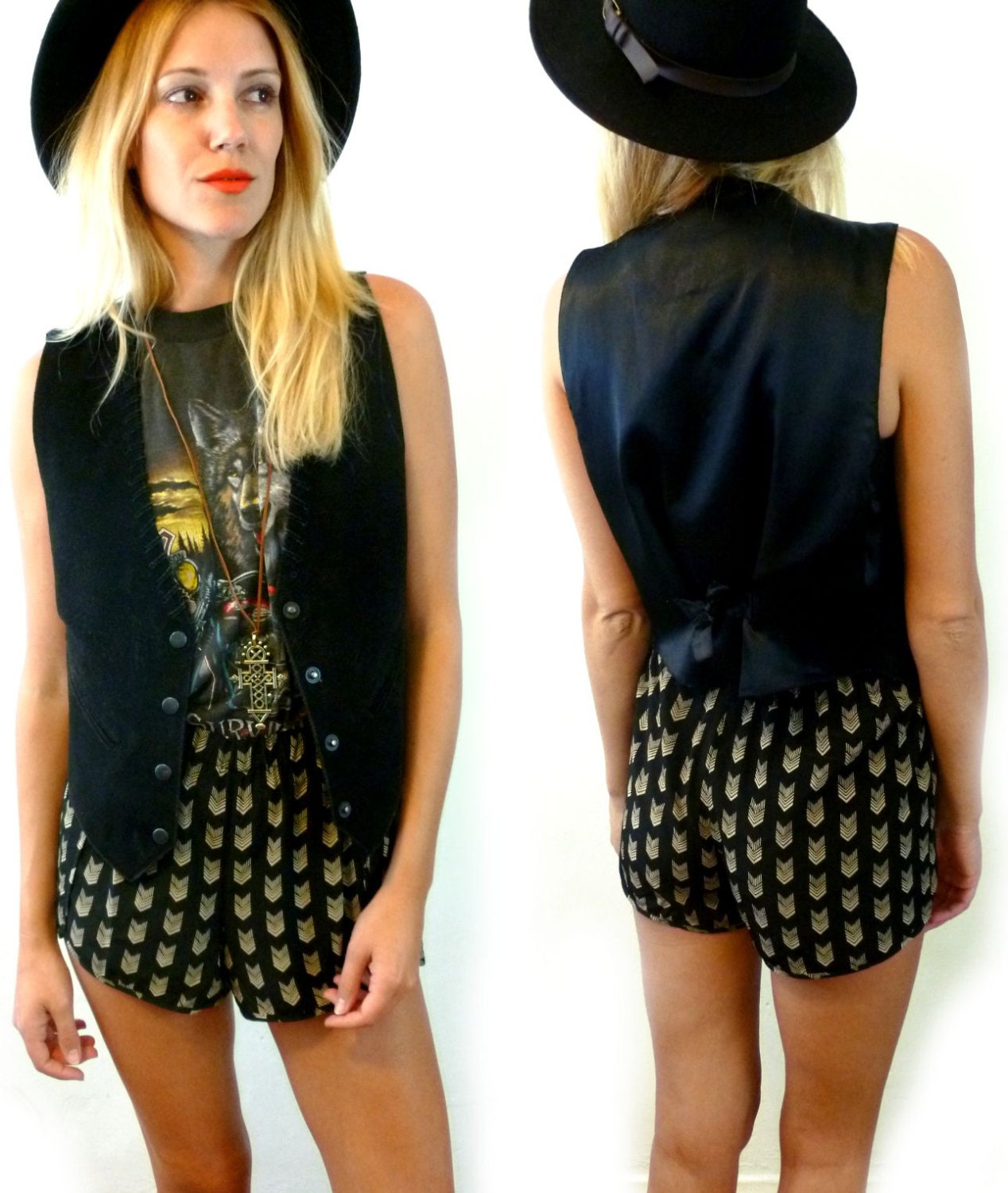 Vtg 80s Black Suede LEATHER Western BIKER Women's Vest