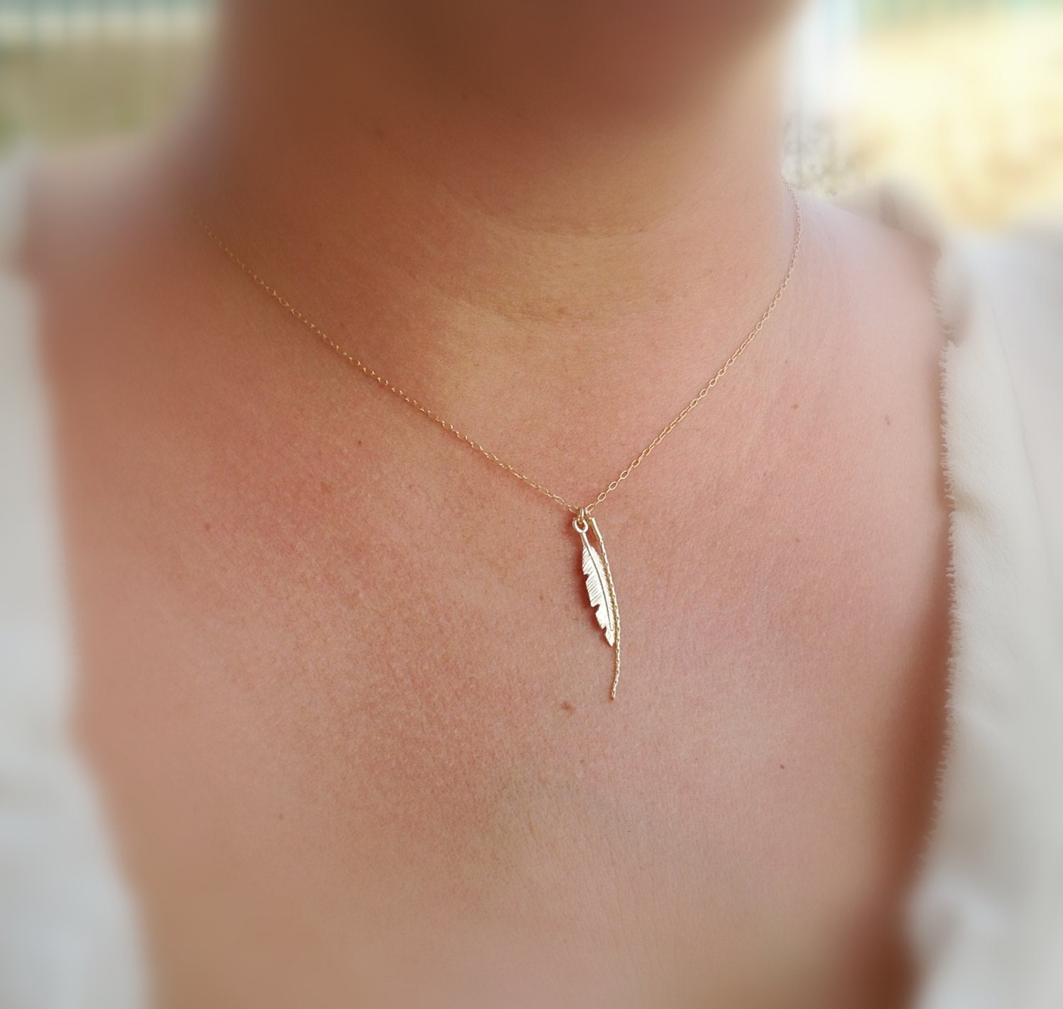 Gold necklace, Feather necklace, unique necklace, leaf necklace, delicate necklace, style, feather pendant - 593