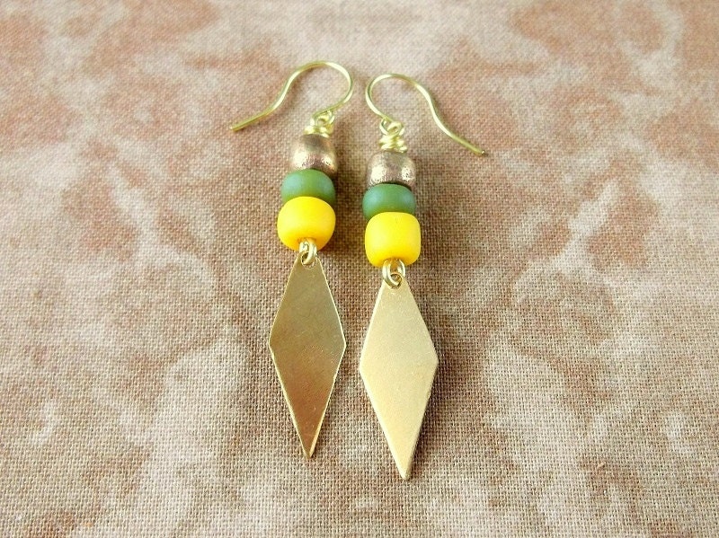 Tribal Arrow Earrings Brass Diamond Earrings - Green Yellow - Boho Jewelry Bohemian Jewelry Ethnic Jewelry Tribal Jewelry - Dangle Earrings