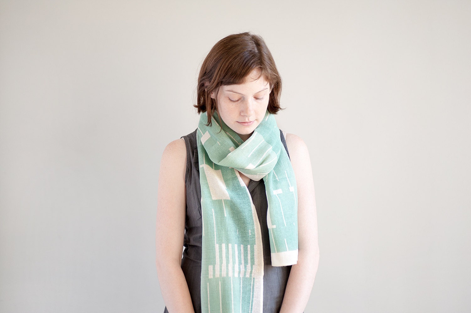 GRAYED JADE Green Mint Cotton Gauze Scarf, Hand Screen Printed Light Pastel Spring accessories