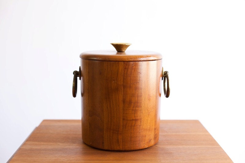 Vintage Vermillion Walnut Ice Bucket with Brass Handles