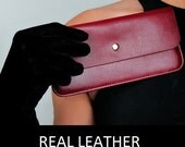 Real Leather Long Wallet Zipper - Second Layer of Cowhide - Claret Dark Red - Women Purse - Handmade Clutch bags purses