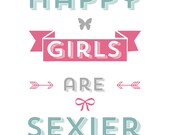 Happy girls Print for girls  A4 quote prints wall decor poster typography poster pink pastel blue vintage style