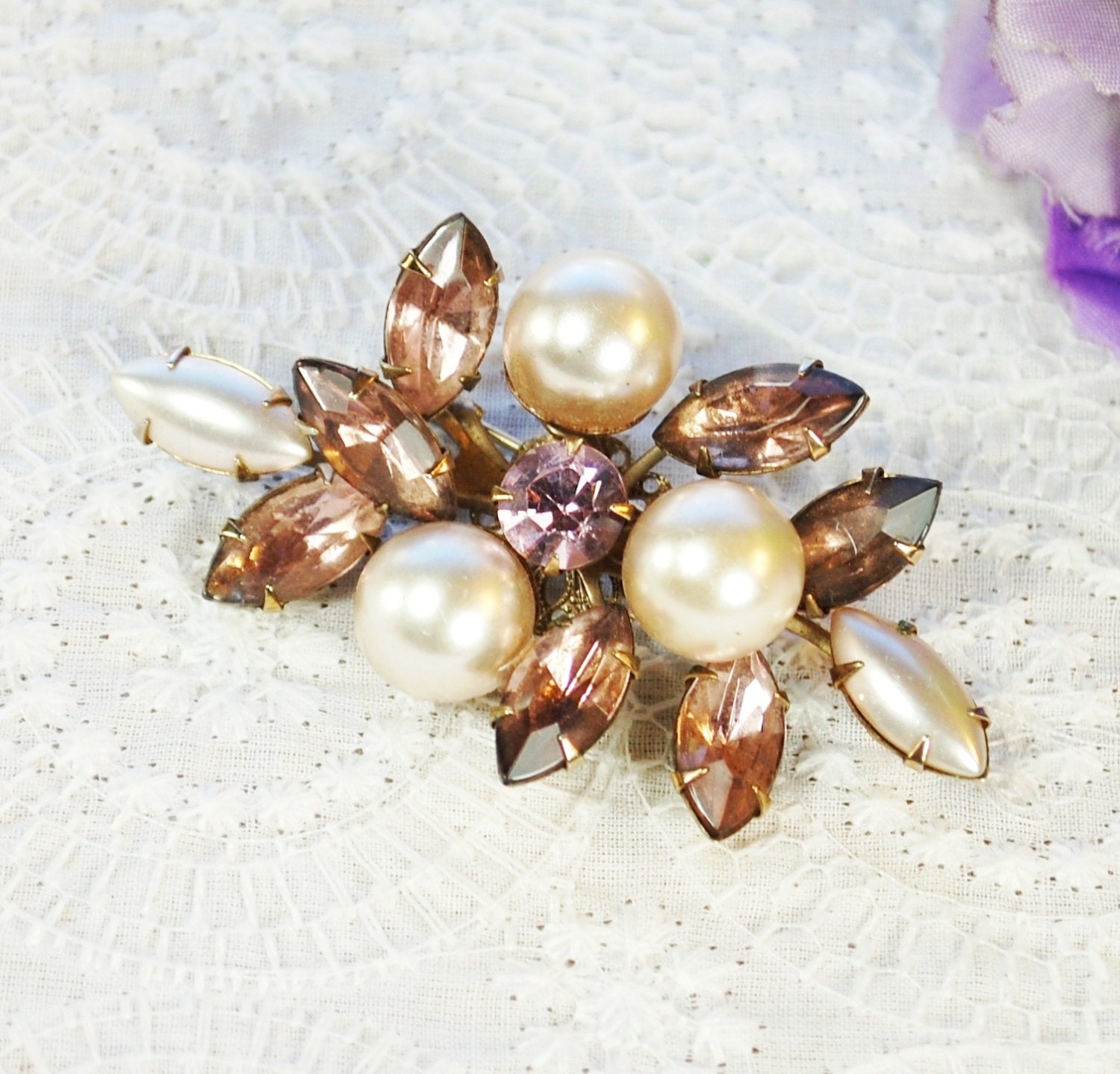 Vintage Cluster Brooch / Pin, Pink Navette Rhinestones, Big Ivory Imitation Pearls, Gold Tone, 1950s 1960s Mad Men Jewelry