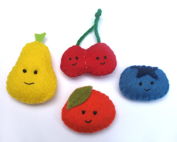 Stuffed Fruit Friends - Felt Pear Clementine Cherry Blueberry - Set of FOUR  Cute Stuffed Foods - Fruit Salad Set C