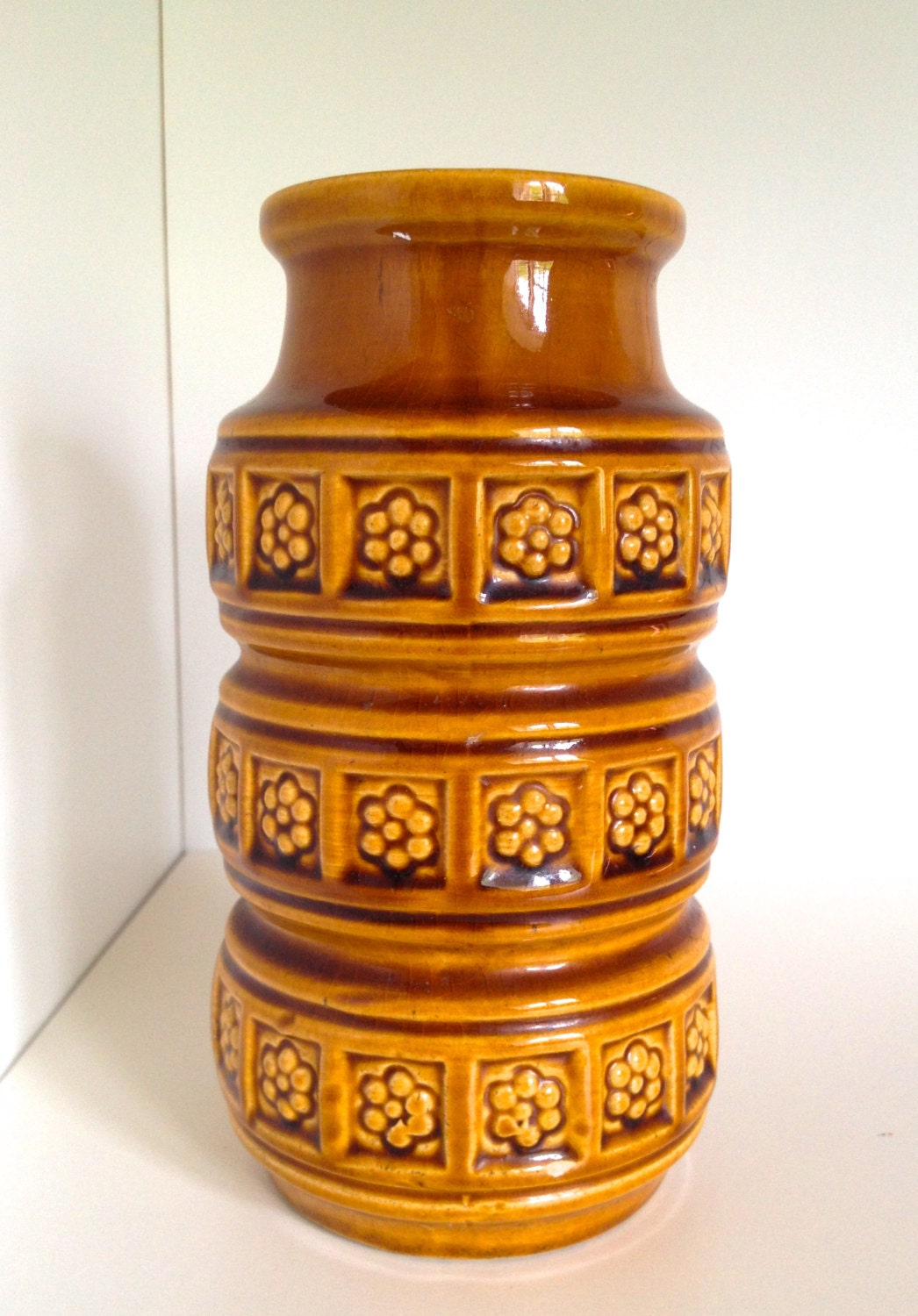 Vintage West German Pottery Vase Mid Century Modern Scheurich 268-18 Caramel Gloss Yellow Europe